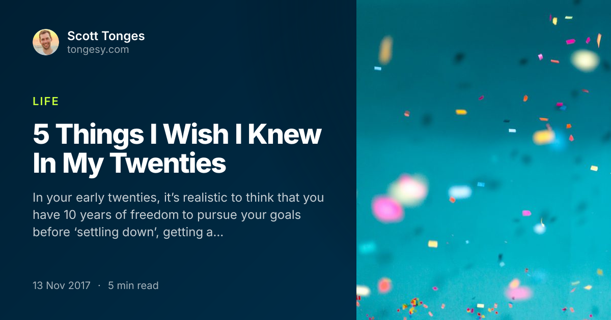 Share card: 5 Things I Wish I Knew In My Twenties, by Scott Tonges