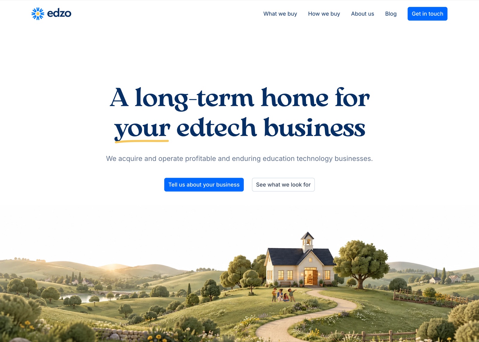 The edzo.com homepage, "A long-term home for your edtech business", above an illustrated schoolhouse among rolling hills